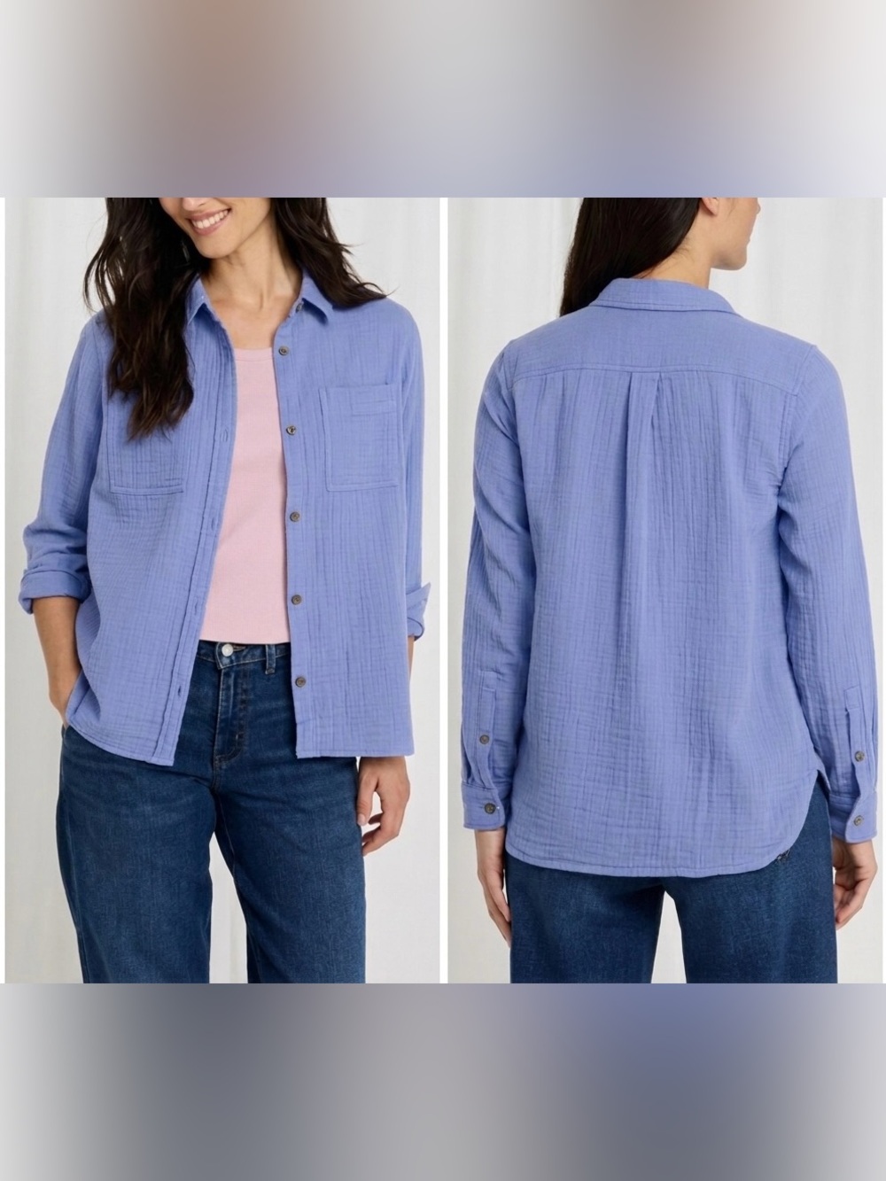 L.L. Bean Women’s Cloud Gauze Button Front Collard Long Sleeve Shirt Size Medium